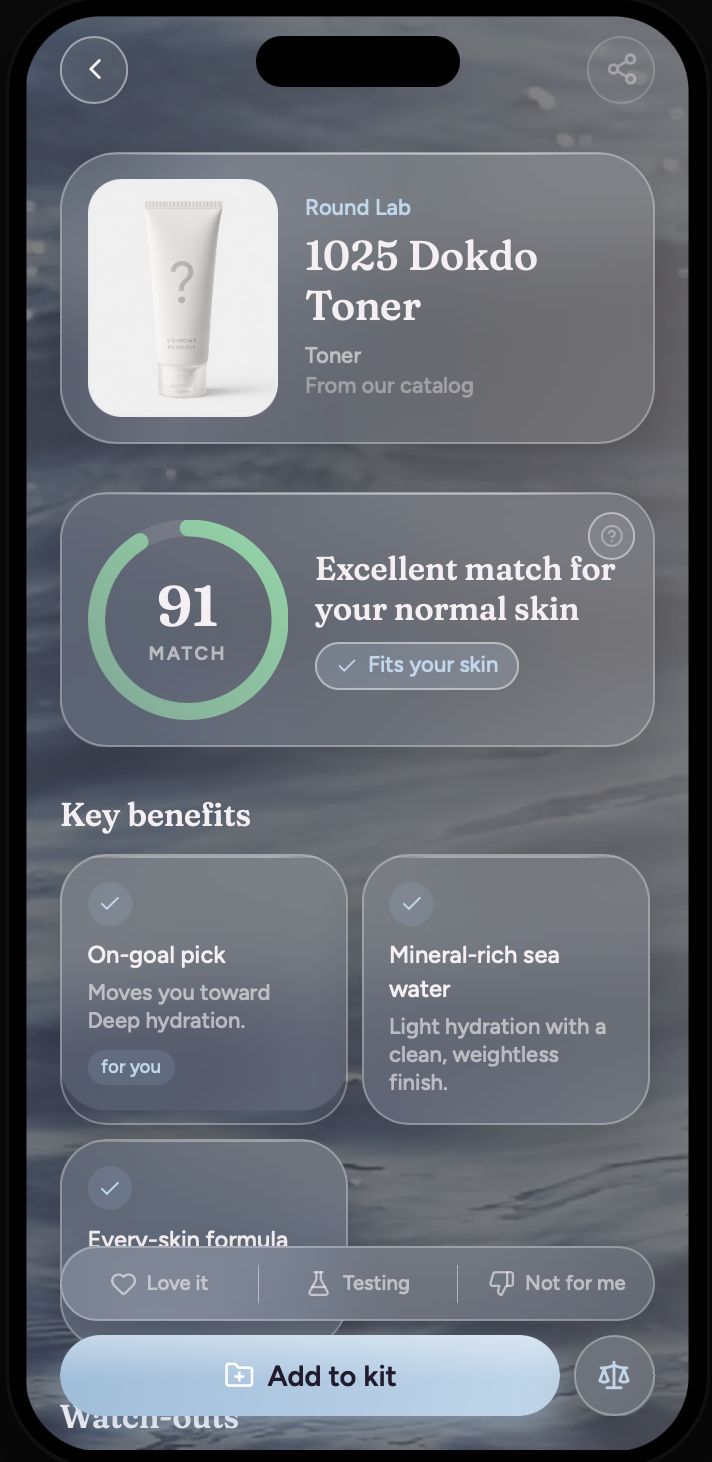 A SkinPassport reading: the product, its match score, and the ingredient list broken down underneath.