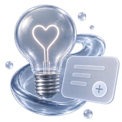 A glass bulb with a heart-shaped filament, beside a card with a plus button.