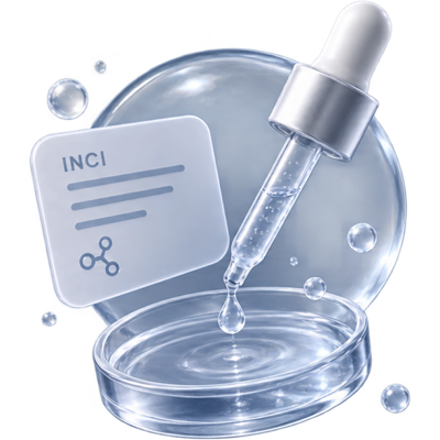 A glass dropper above a petri dish, beside a card headed INCI.
