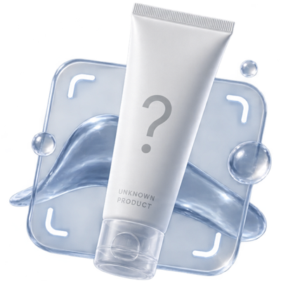 An unbranded tube marked with a question mark, resting on a glass swatch.